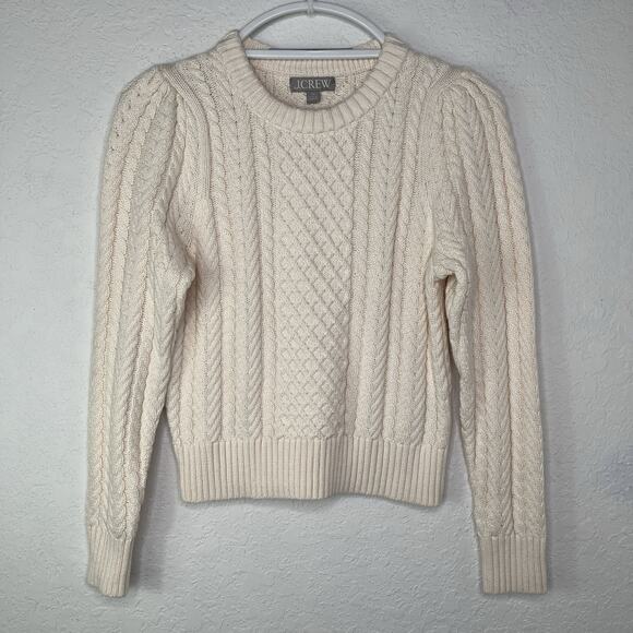 J. Crew Cable-knit puff-sleeve crewneck sweater Cream, size XS, 100% cotton - Picture 1 of 7